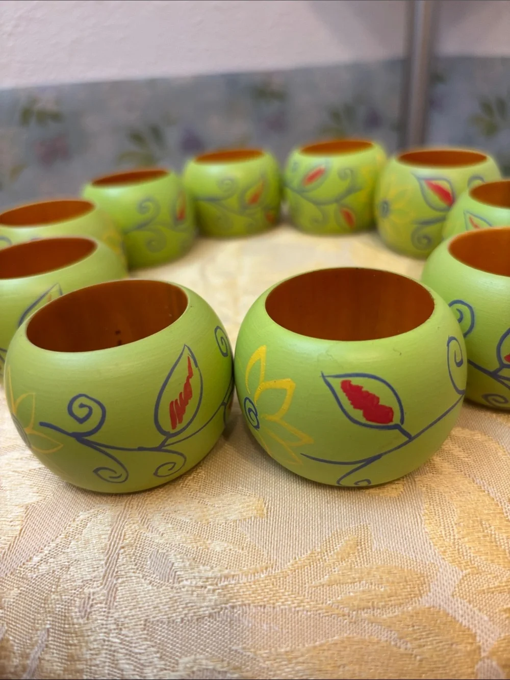 Vintage Folk Art Hand-Painted Lime Green Wooden Napkin Rings.